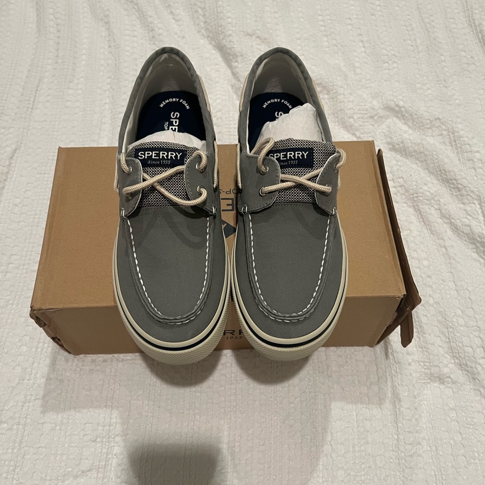 Sperry Gray Canvas Classic Boat Shoes with Cream Laces